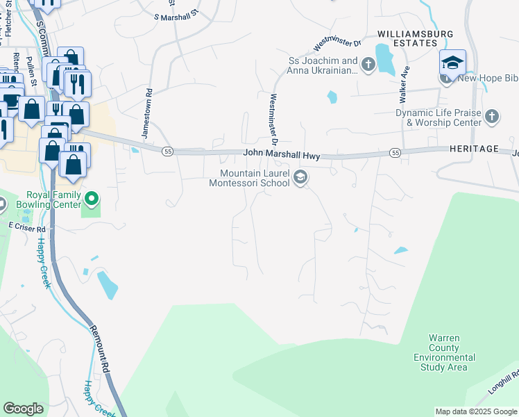 map of restaurants, bars, coffee shops, grocery stores, and more near 227 Summit Drive in Front Royal
