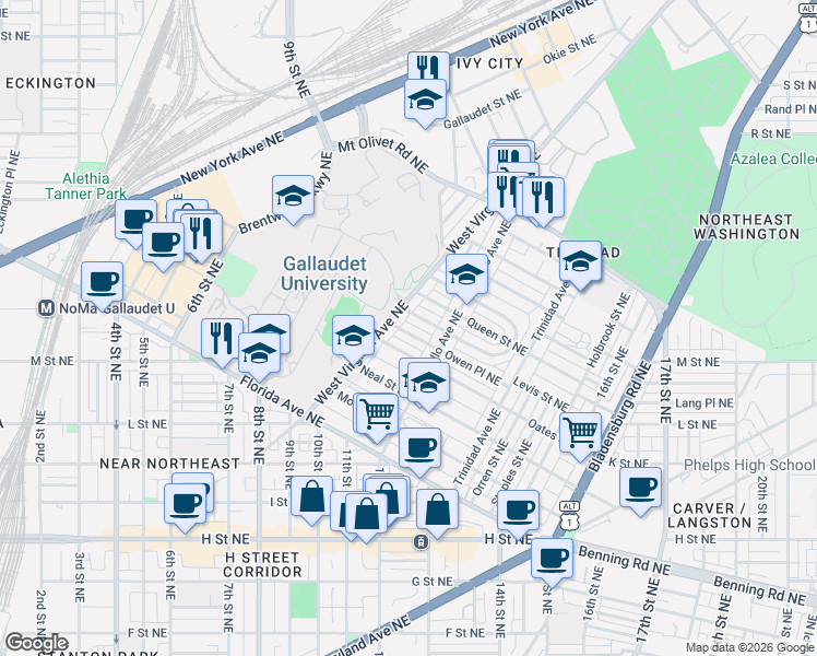 map of restaurants, bars, coffee shops, grocery stores, and more near 1114 Owen Place Northeast in Washington