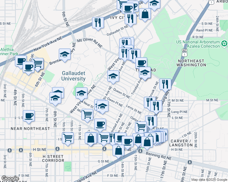 map of restaurants, bars, coffee shops, grocery stores, and more near 1213 Queen Street Northeast in Washington