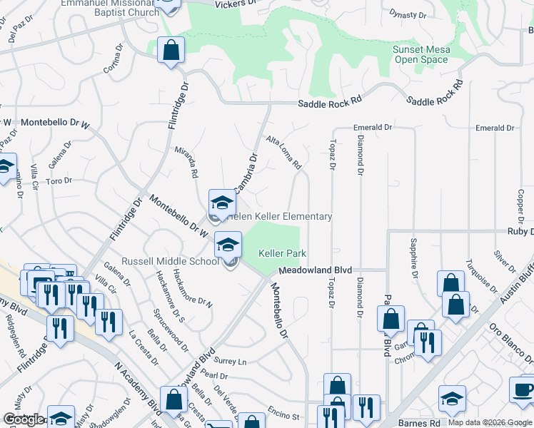 map of restaurants, bars, coffee shops, grocery stores, and more near 3833 Nuevo Circle in Colorado Springs
