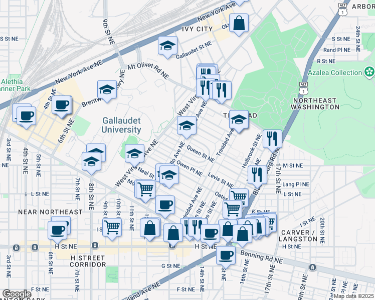 map of restaurants, bars, coffee shops, grocery stores, and more near 1213 Queen Street Northeast in Washington