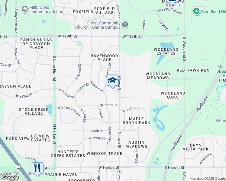 map of restaurants, bars, coffee shops, grocery stores, and more near 12211 South Clinton Street in Olathe