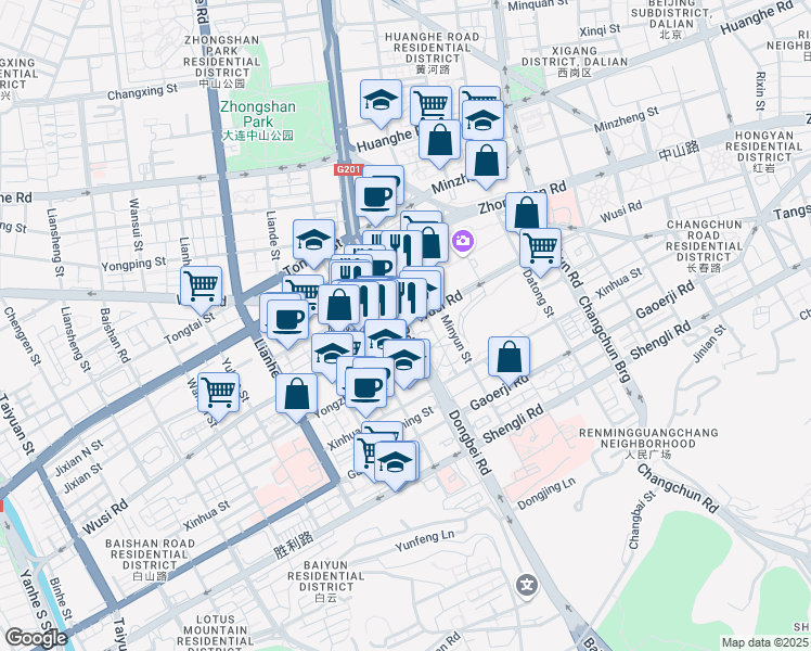 map of restaurants, bars, coffee shops, grocery stores, and more near Wu Si Lu in Da Lian Shi
