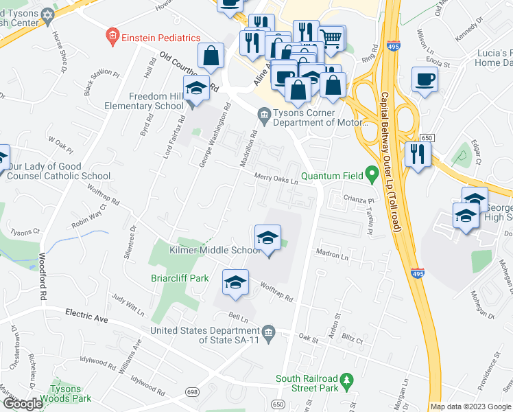 map of restaurants, bars, coffee shops, grocery stores, and more near 2040 Meadow Springs Drive in Vienna