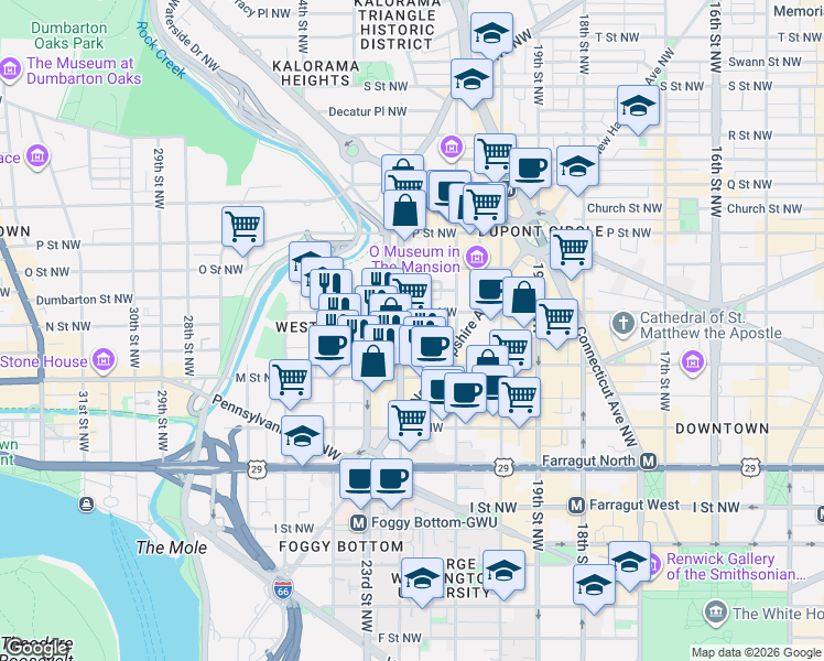map of restaurants, bars, coffee shops, grocery stores, and more near 1255 22nd Street Northwest in Washington