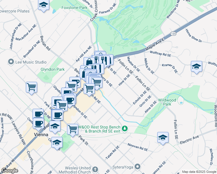 map of restaurants, bars, coffee shops, grocery stores, and more near 205 Berry Street Southeast in Vienna