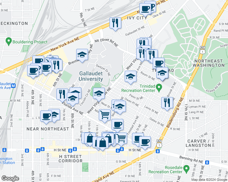map of restaurants, bars, coffee shops, grocery stores, and more near 1112 Owen Place Northeast in Washington