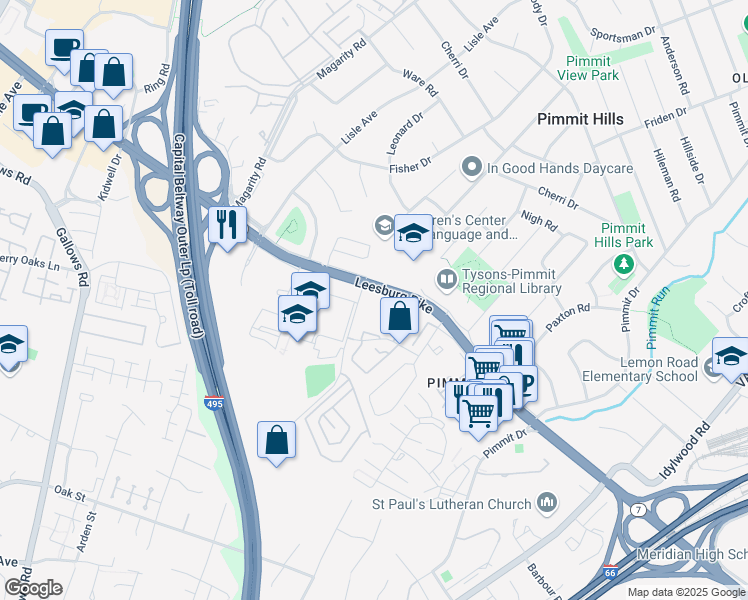 map of restaurants, bars, coffee shops, grocery stores, and more near 7647 Virginia 7 in Falls Church