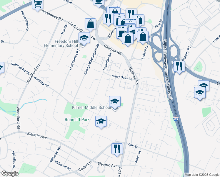 map of restaurants, bars, coffee shops, grocery stores, and more near 2040 Meadow Springs Drive in Vienna