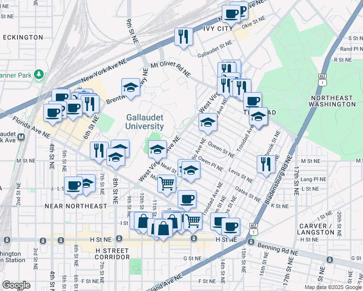 map of restaurants, bars, coffee shops, grocery stores, and more near 1112 Owen Place Northeast in Washington