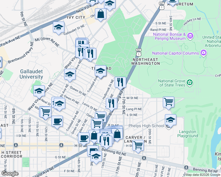 map of restaurants, bars, coffee shops, grocery stores, and more near 101 Independence Avenue Southeast in Washington