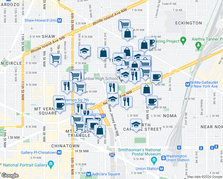 map of restaurants, bars, coffee shops, grocery stores, and more near 101 Independence Avenue Southeast in Washington