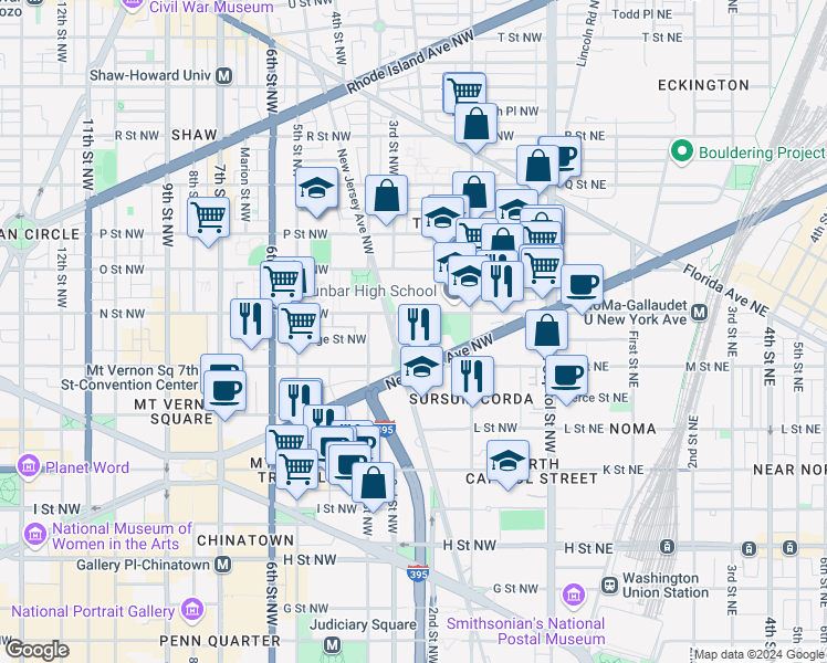 map of restaurants, bars, coffee shops, grocery stores, and more near 101 Independence Avenue Southeast in Washington