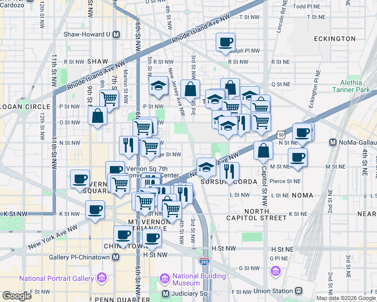 map of restaurants, bars, coffee shops, grocery stores, and more near 101 Independence Avenue Southeast in Washington