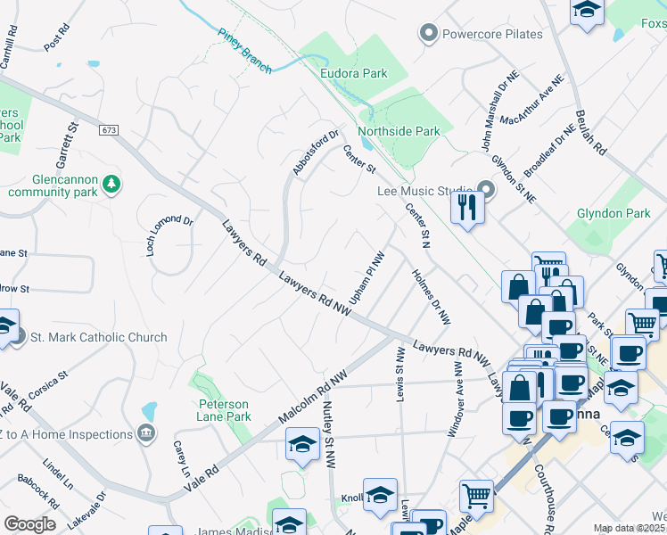 map of restaurants, bars, coffee shops, grocery stores, and more near 301 Blair Court Northwest in Vienna