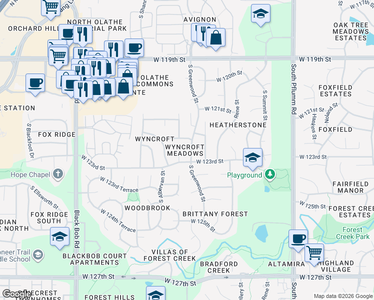 map of restaurants, bars, coffee shops, grocery stores, and more near 14318 West 123rd Street in Olathe