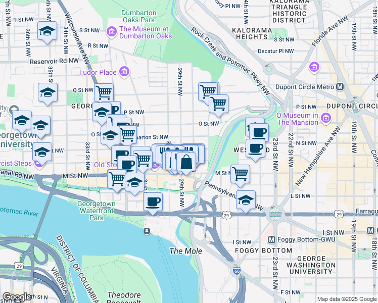 map of restaurants, bars, coffee shops, grocery stores, and more near 2806 N Street Northwest in Washington