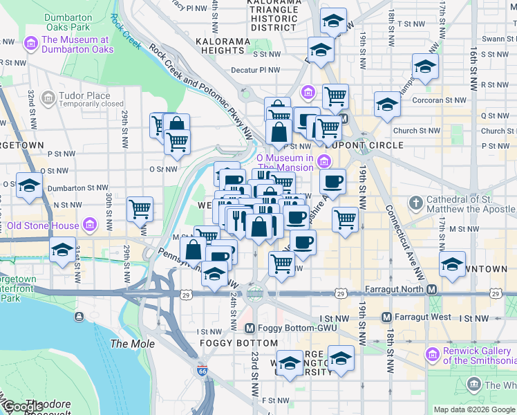 map of restaurants, bars, coffee shops, grocery stores, and more near 1255 23rd Street Northwest in Washington