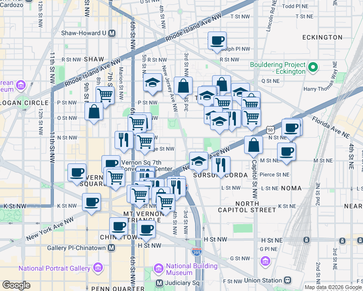 map of restaurants, bars, coffee shops, grocery stores, and more near 101 Independence Avenue Southeast in Washington