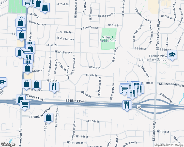 map of restaurants, bars, coffee shops, grocery stores, and more near 1148 Southeast 7th Street in Lee's Summit
