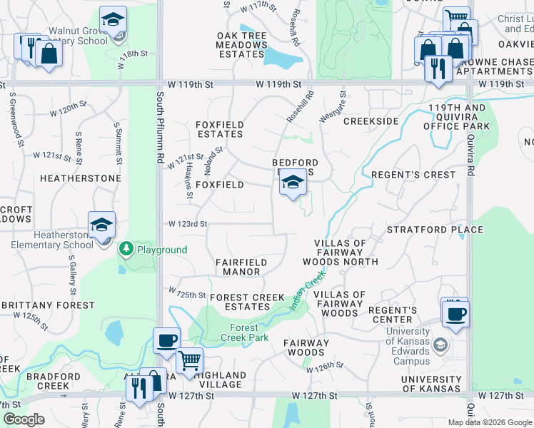 map of restaurants, bars, coffee shops, grocery stores, and more near 12220 Rosehill Road in Overland Park