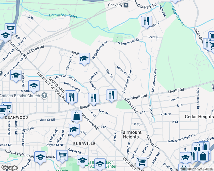 map of restaurants, bars, coffee shops, grocery stores, and more near 1216 Dunbar Oaks Drive in Capitol Heights