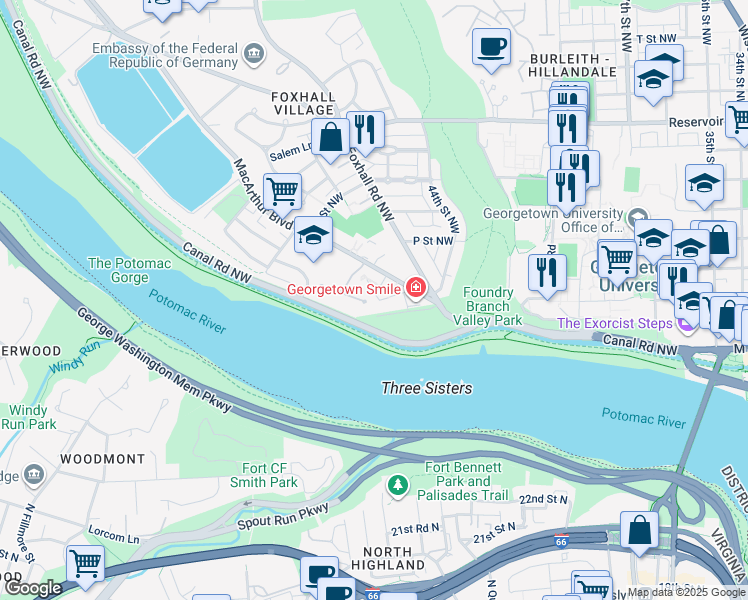map of restaurants, bars, coffee shops, grocery stores, and more near 4528 Westhall Drive in Washington