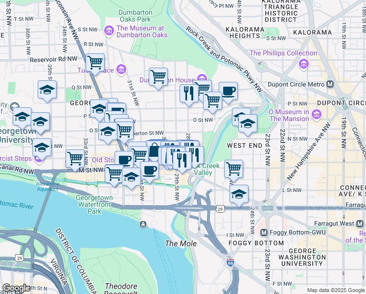 map of restaurants, bars, coffee shops, grocery stores, and more near 2808 N Street Northwest in Washington