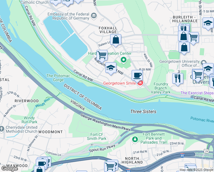 map of restaurants, bars, coffee shops, grocery stores, and more near 4384 Canal Rd NW in Washington