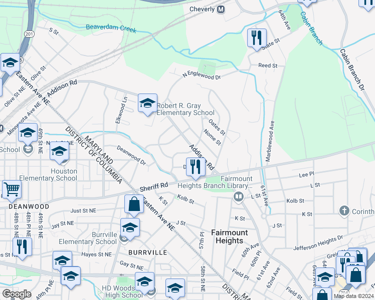 map of restaurants, bars, coffee shops, grocery stores, and more near 1216 Dunbar Oaks Drive in Capitol Heights