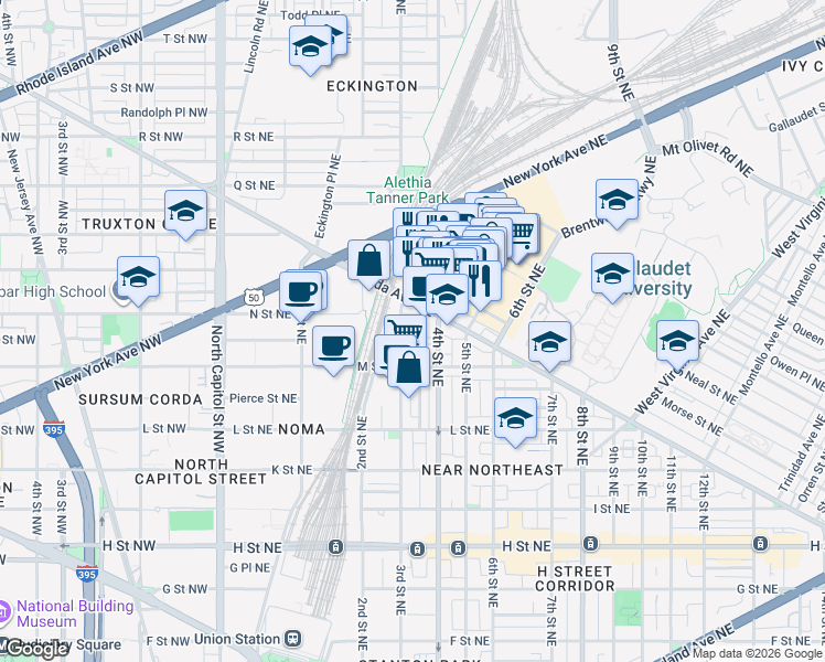 map of restaurants, bars, coffee shops, grocery stores, and more near 301 N Street Northeast in Washington