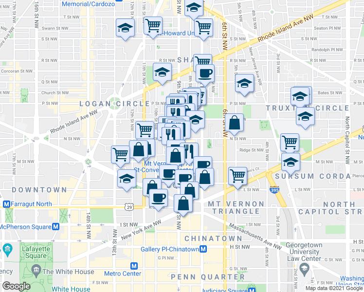map of restaurants, bars, coffee shops, grocery stores, and more near 1239 9th Street Northwest in Washington
