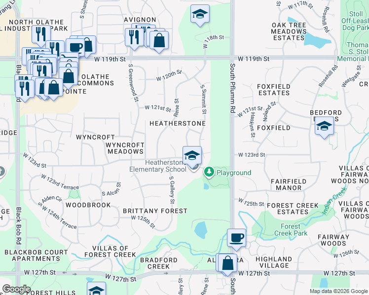map of restaurants, bars, coffee shops, grocery stores, and more near 12223 South Widmer Street in Olathe