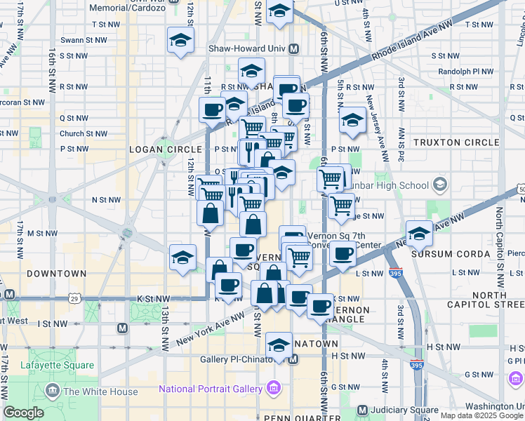 map of restaurants, bars, coffee shops, grocery stores, and more near 1239 9th Street Northwest in Washington