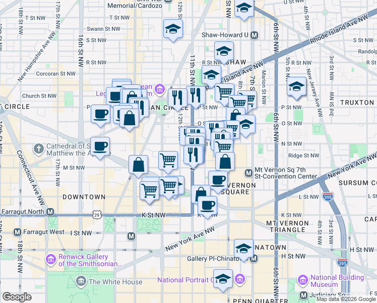 map of restaurants, bars, coffee shops, grocery stores, and more near 1236 11th St NW in Washington