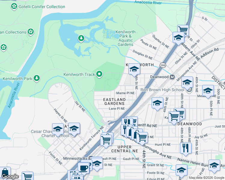 map of restaurants, bars, coffee shops, grocery stores, and more near 4010 Anacostia Avenue Northeast in Washington