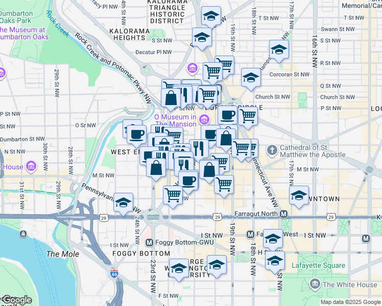 map of restaurants, bars, coffee shops, grocery stores, and more near 1260 21st Street Northwest in Washington