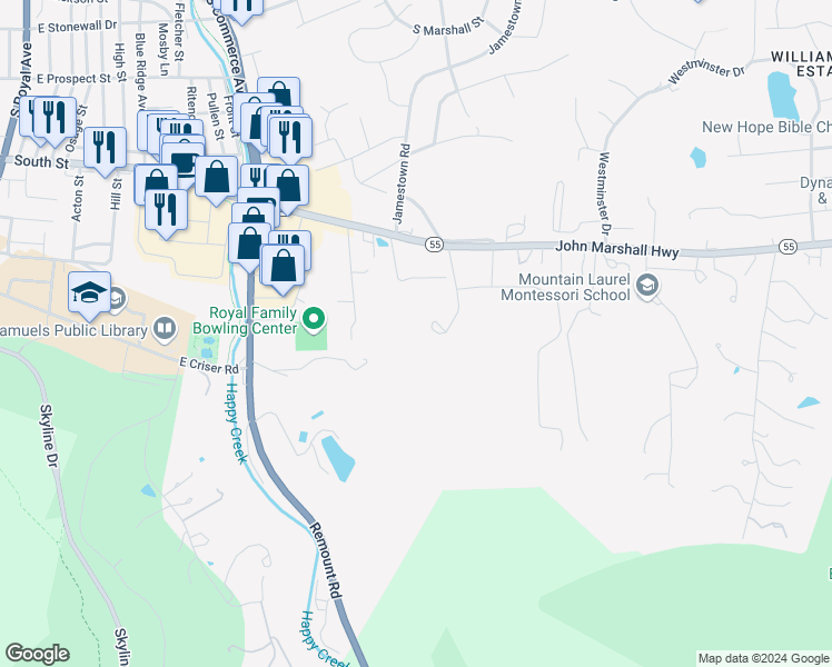 map of restaurants, bars, coffee shops, grocery stores, and more near 139 Tower Road in Front Royal