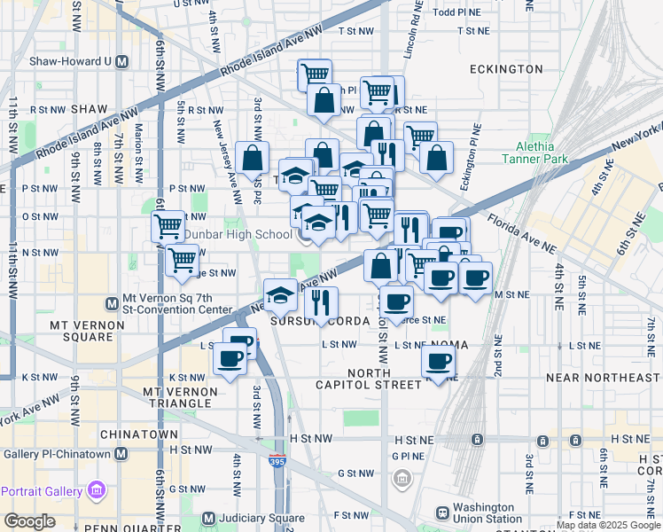 map of restaurants, bars, coffee shops, grocery stores, and more near 75 New York Avenue Northwest in Washington