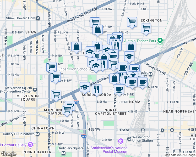 map of restaurants, bars, coffee shops, grocery stores, and more near 1221 1st Street Northwest in Washington