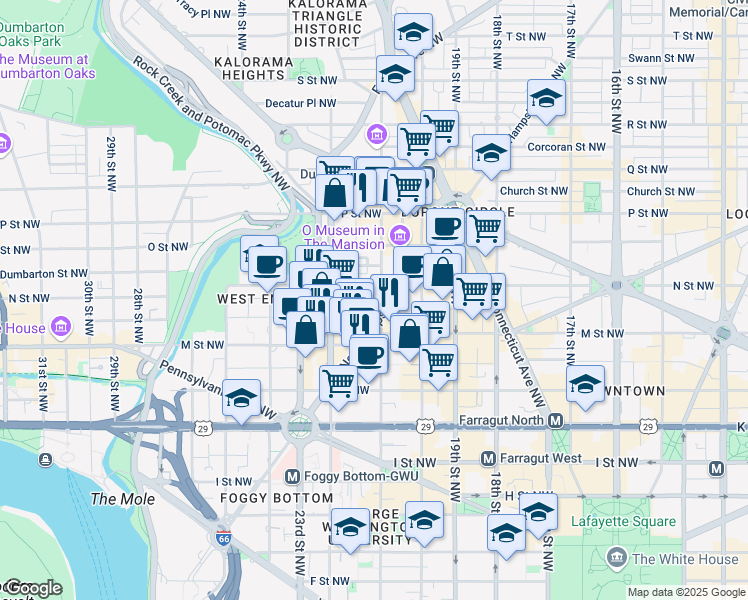 map of restaurants, bars, coffee shops, grocery stores, and more near 1260 21st Street Northwest in Washington
