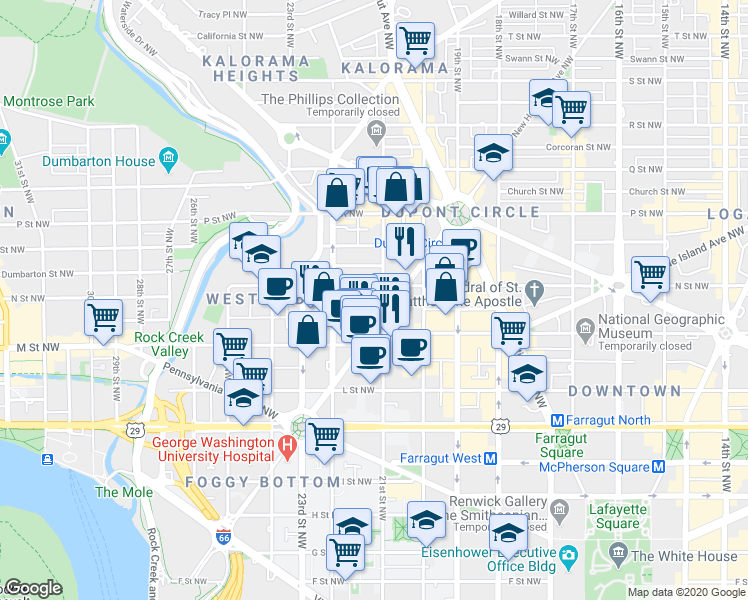 map of restaurants, bars, coffee shops, grocery stores, and more near 1280 21st Street Northwest in Washington