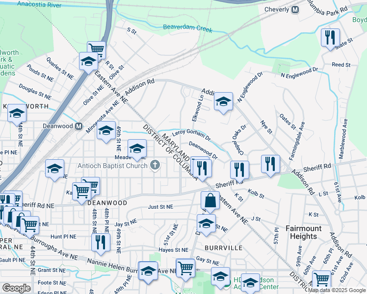 map of restaurants, bars, coffee shops, grocery stores, and more near 1207 Doewood Lane in Capitol Heights