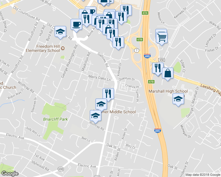 map of restaurants, bars, coffee shops, grocery stores, and more near 8018 Merry Oaks Court in Vienna