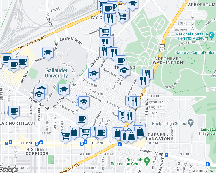 map of restaurants, bars, coffee shops, grocery stores, and more near 101 Independence Avenue Southeast in Washington