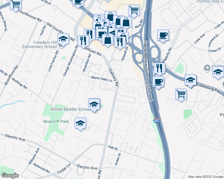 map of restaurants, bars, coffee shops, grocery stores, and more near 8018 Merry Oaks Court in Vienna