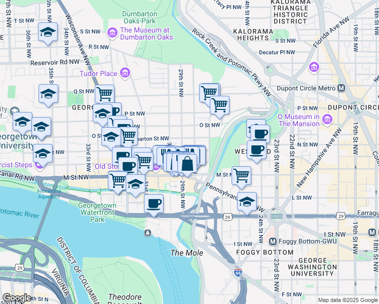 map of restaurants, bars, coffee shops, grocery stores, and more near 2806 N Street Northwest in Washington