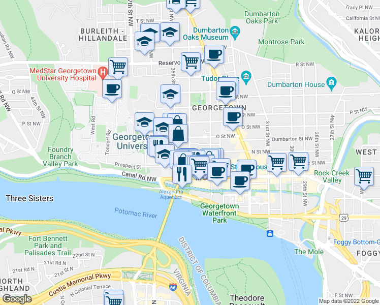map of restaurants, bars, coffee shops, grocery stores, and more near N Street Northwest & 34th Street Northwest in Washington