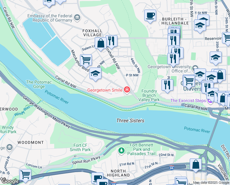 map of restaurants, bars, coffee shops, grocery stores, and more near 4528 Westhall Drive in Washington