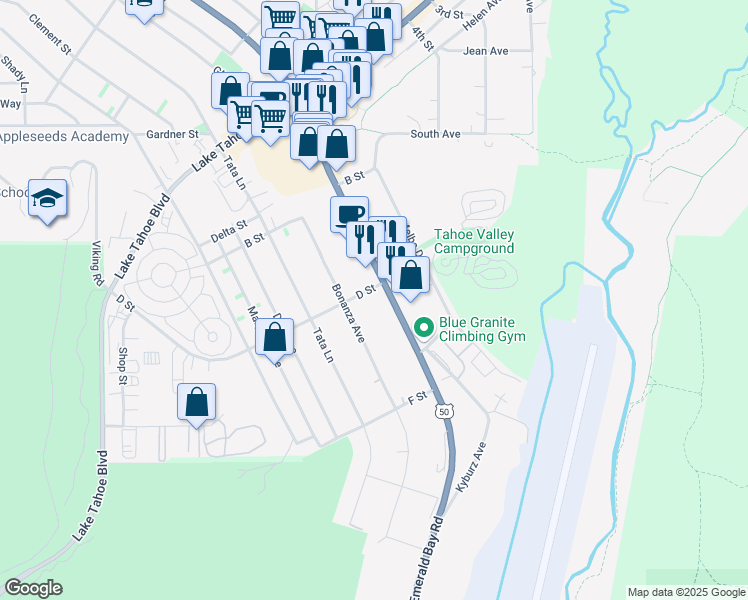 map of restaurants, bars, coffee shops, grocery stores, and more near 1190 Emerald Bay Road in South Lake Tahoe
